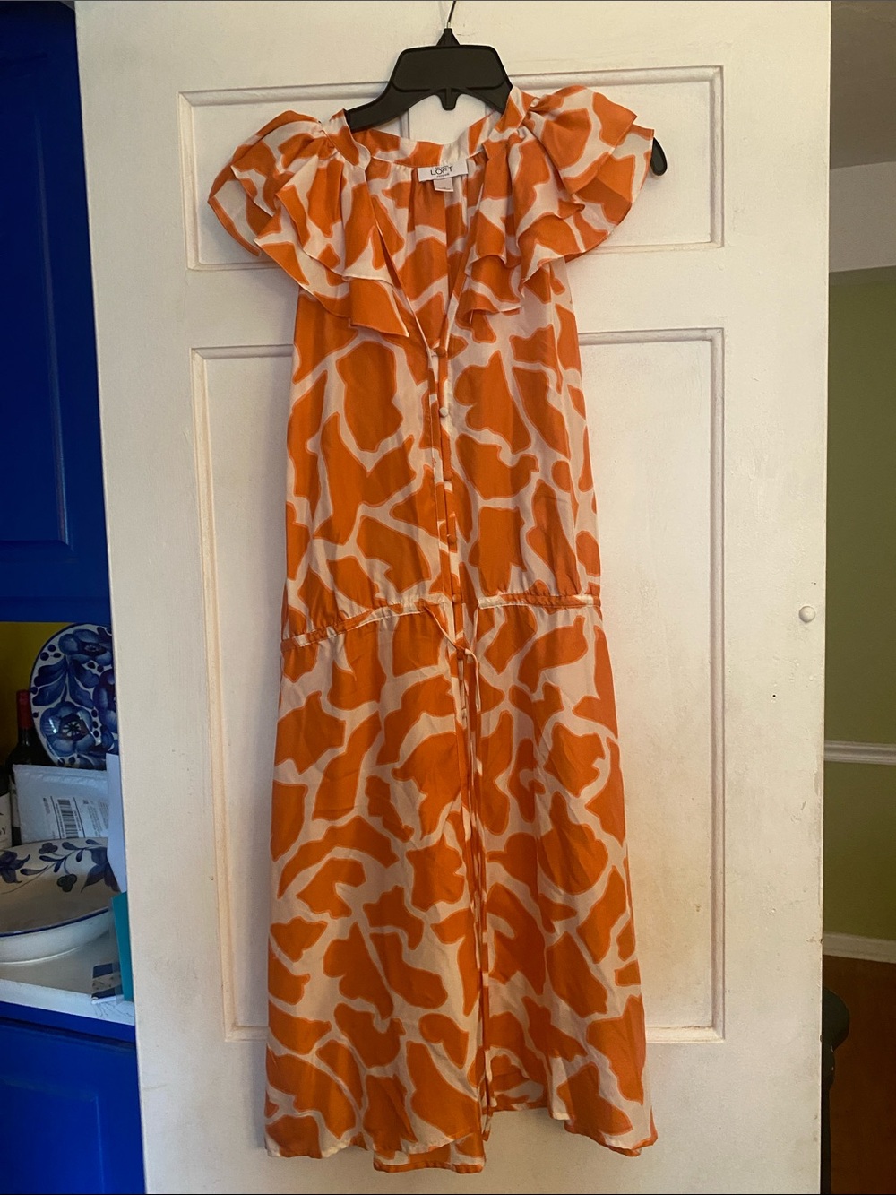 LOFT Orange and White Printed Ruffle Midi Dress.  Size 12